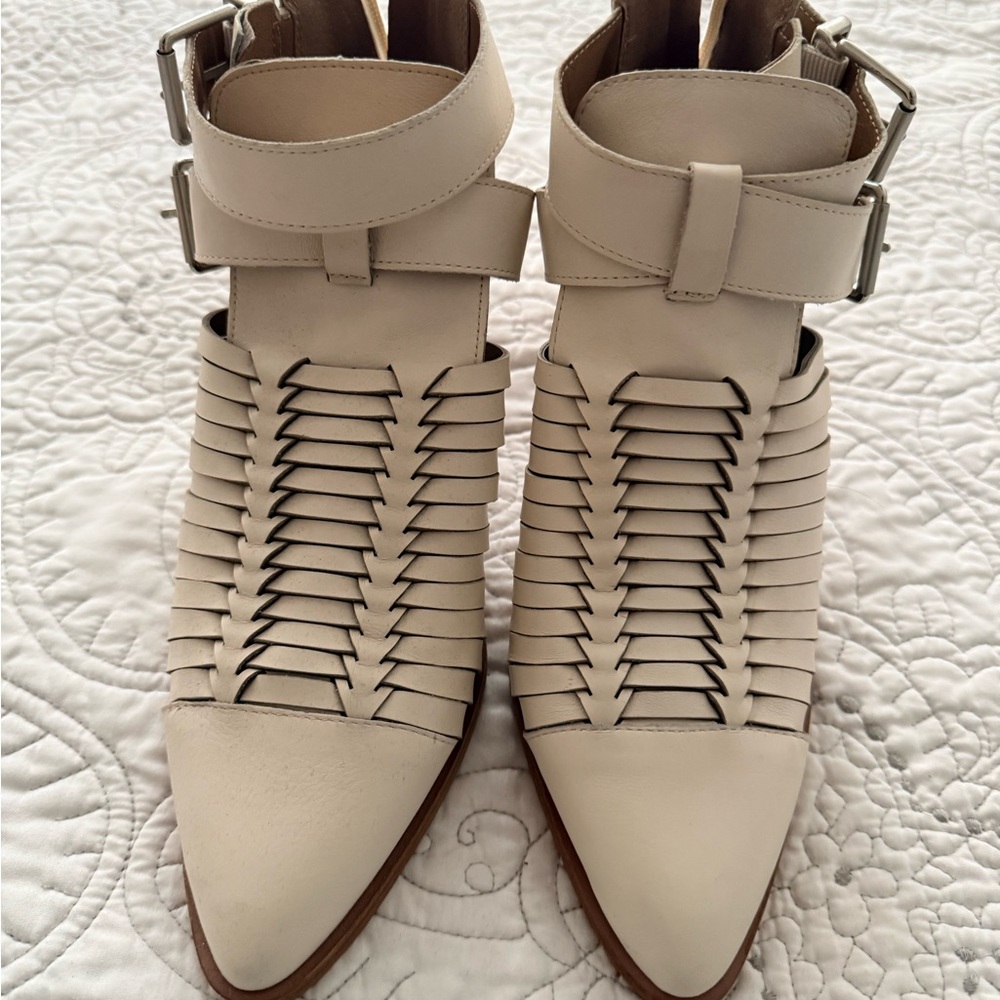 Gianni Bini Cream Woven Pointed Ankle Booties with Buckle Strap